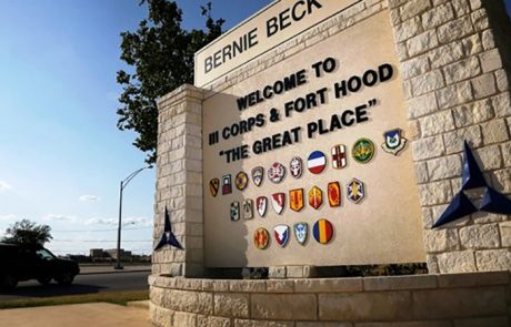 Fort Hood stone entrance sign with unit insignia